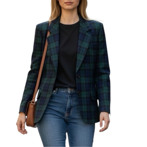 Pendleton Vintage ‘80’s Green Navy Tartan Plaid 100% Virgin Wool Blazer Jacket - Picture 14 of 14